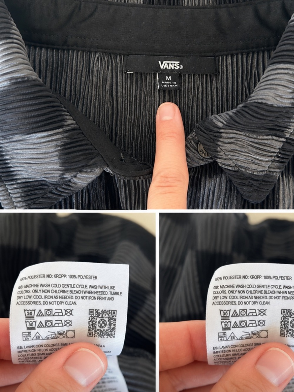 vans black gray checkerboard sheer plisse cropped button up shirt m - Picture 11 of 13